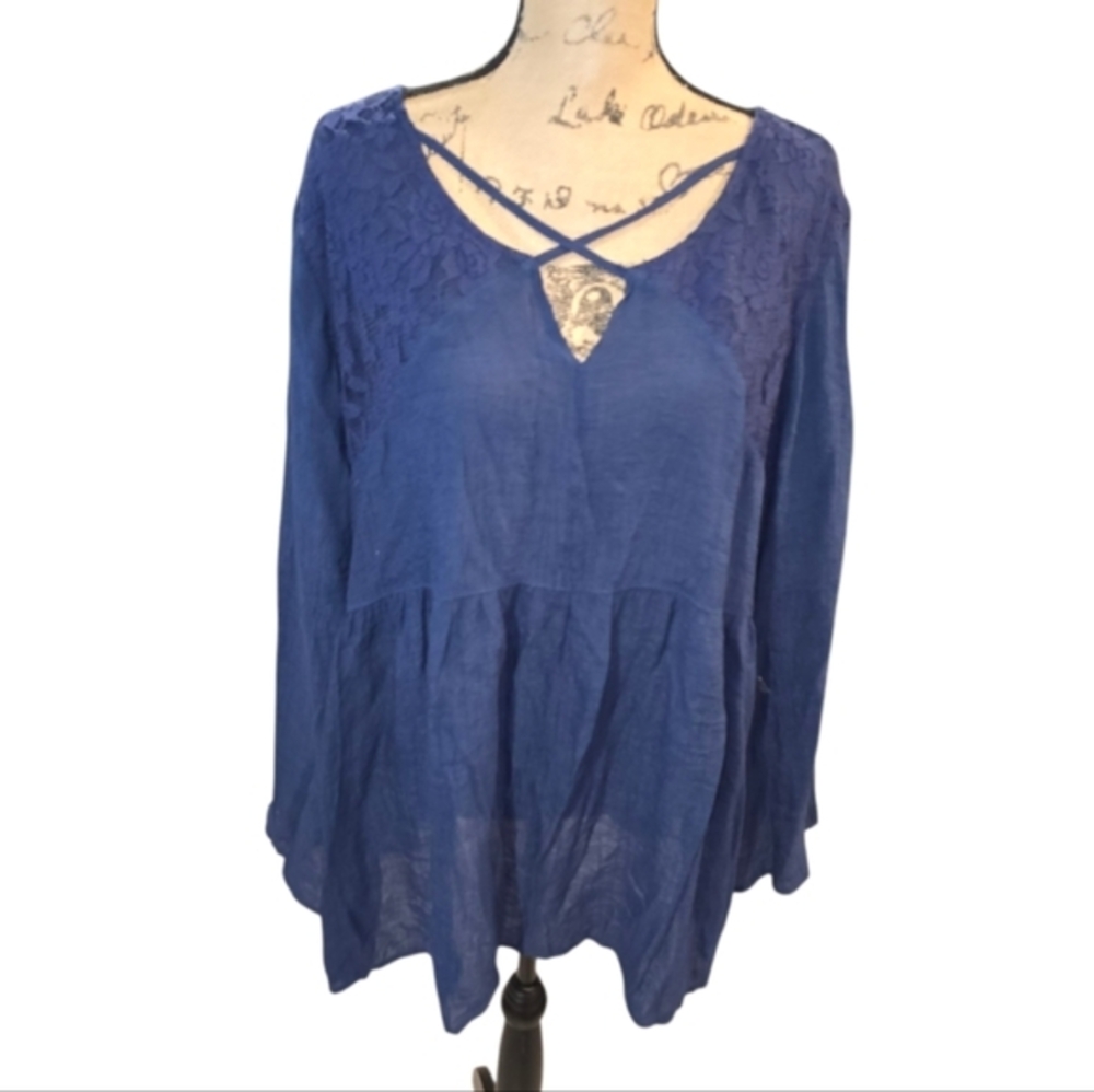 Como Vintage Blue Long Sleeve Lace Front Lightweight Blouse Plus Size 3X